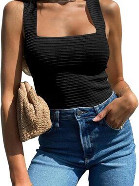 Black BZB Ribbed Square-Neck Tank Top